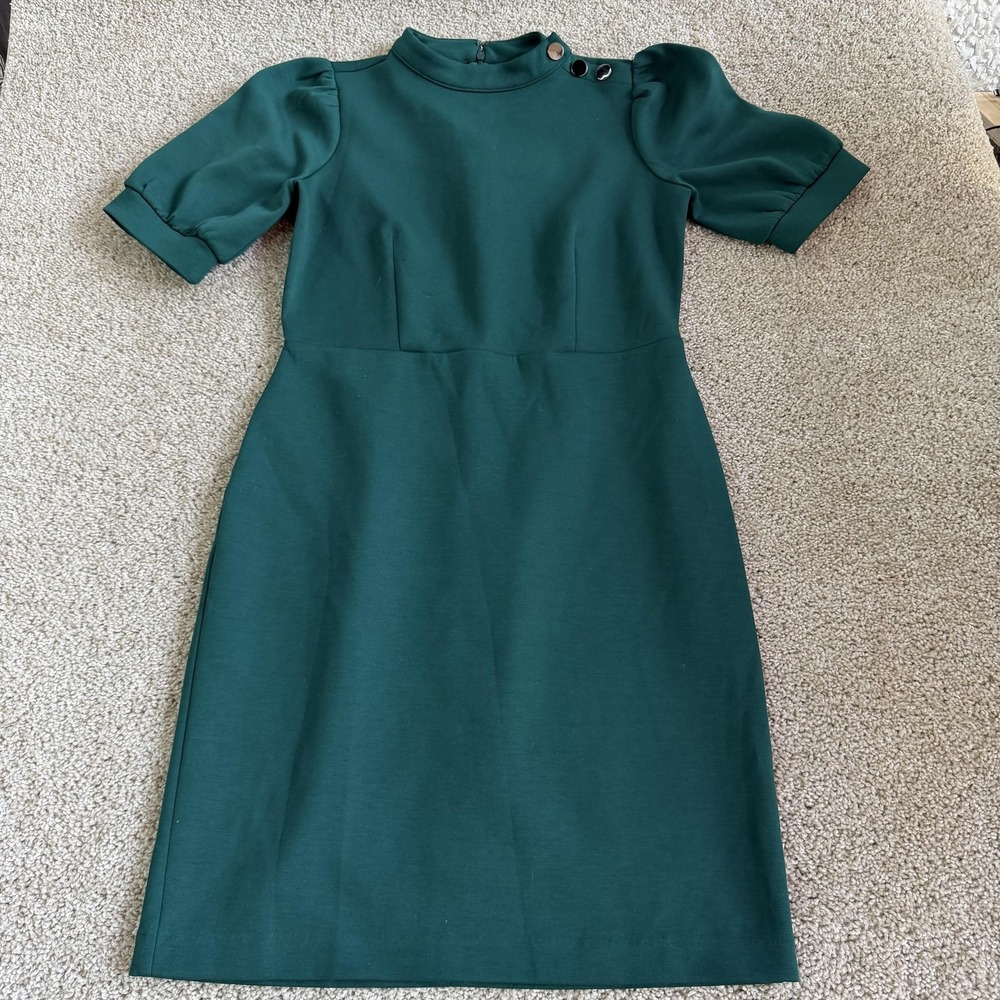 Ann Taylor Factory Dress Womens 6P Green Half Puff Sleeve Mock Neck Knit Sheath